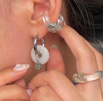 DAIIIBABYYY  -  Green Jade Round Stainless Steel Hoop Earrings For Women Vintage Elegant Earclip Earrings Statement Jewelry